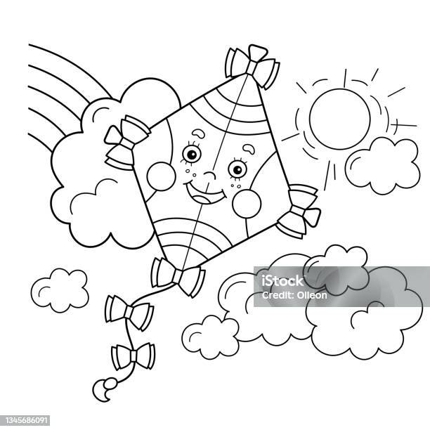 Coloring page outline of cartoon cheerful fly kite high in the sky summer bright toy coloring book for kids stock illustration