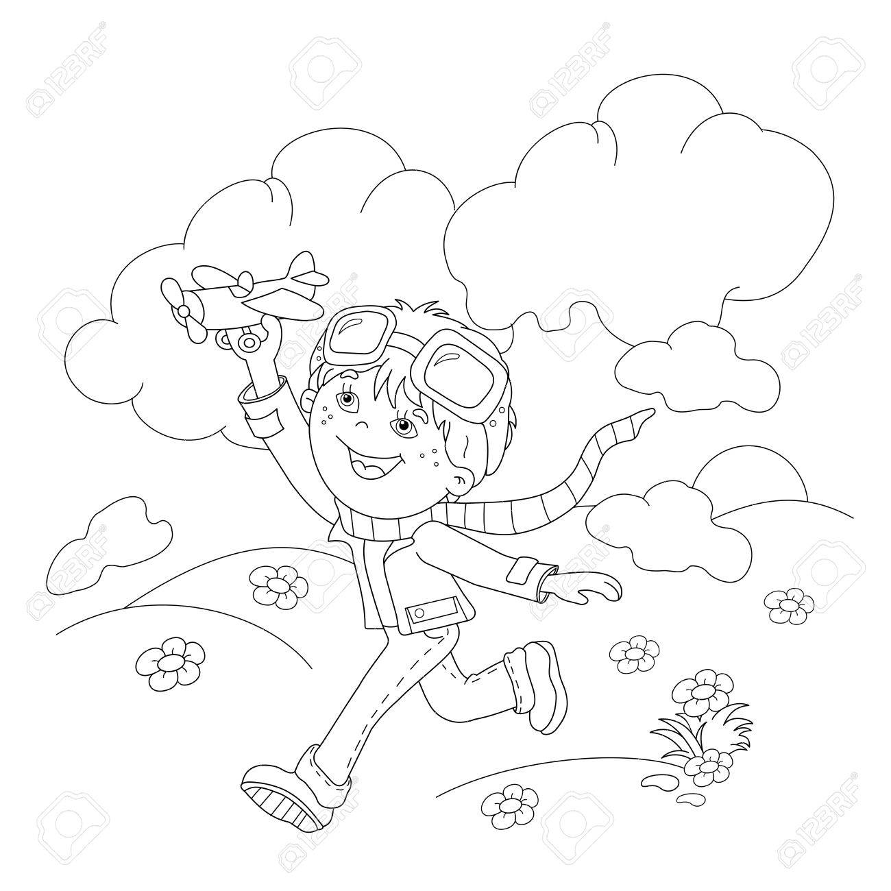 Coloring page outline of cartoon boy with toy plane coloring book for kids royalty free svg cliparts vectors and stock illustration image