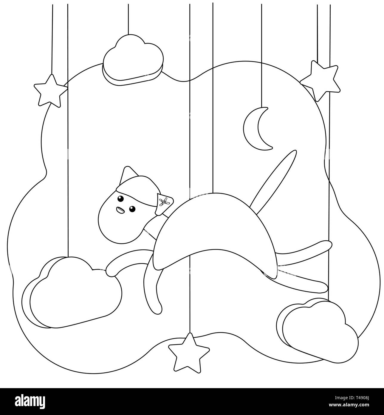 Cute flying cat coloring page for kids educational leisure vector illustration animal for coloring book funny kitten in cartoon style toy clouds stock vector image art