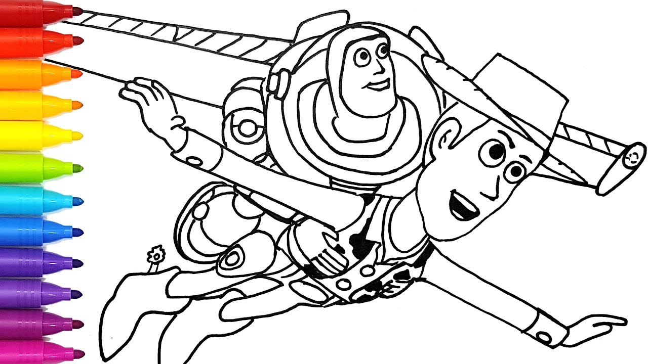 Toy story buzz lightyear flies with sheriff woody drawing and coloring pages for kids