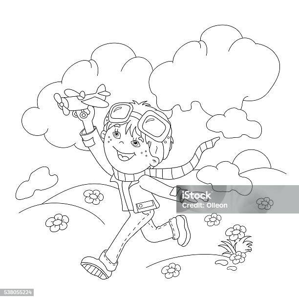 Coloring page outline of cartoon boy with toy plane stock illustration