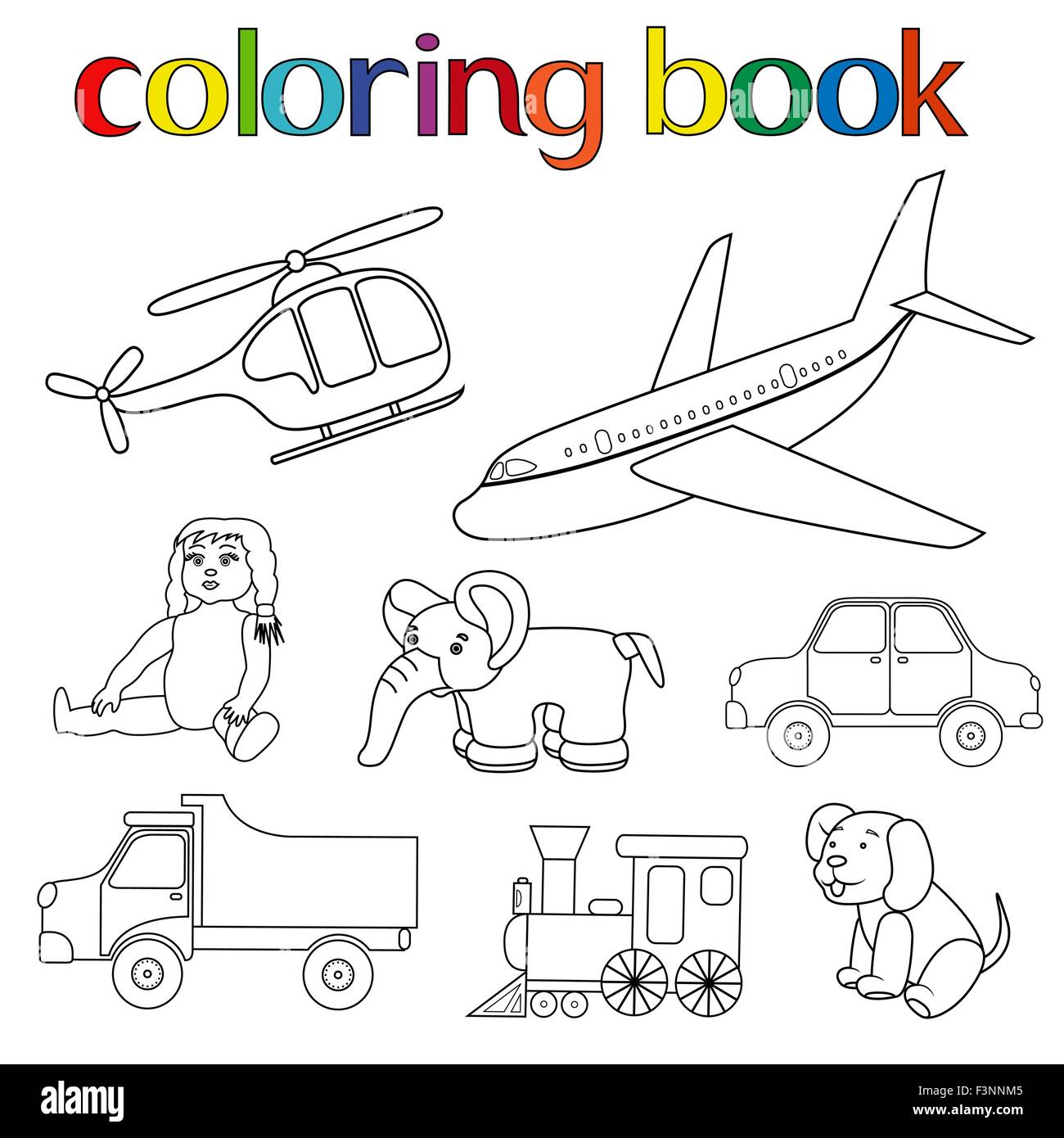 Set of various toys for coloring book with helicopter airplane doll elephant car lorry lootive and puppy cartoon vecto stock vector image art