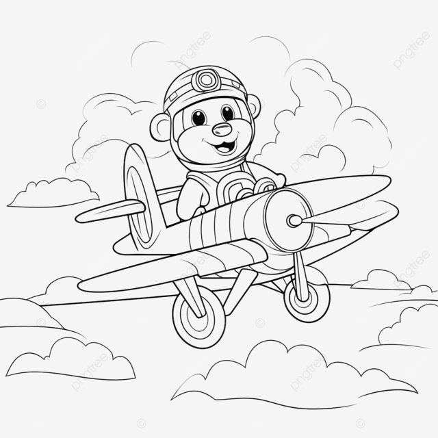 Cute bear flying in airplane cartoon hand drawn vector illustration colouring book or page toy plane airplane pilot flight png transparent image and clipart for free download