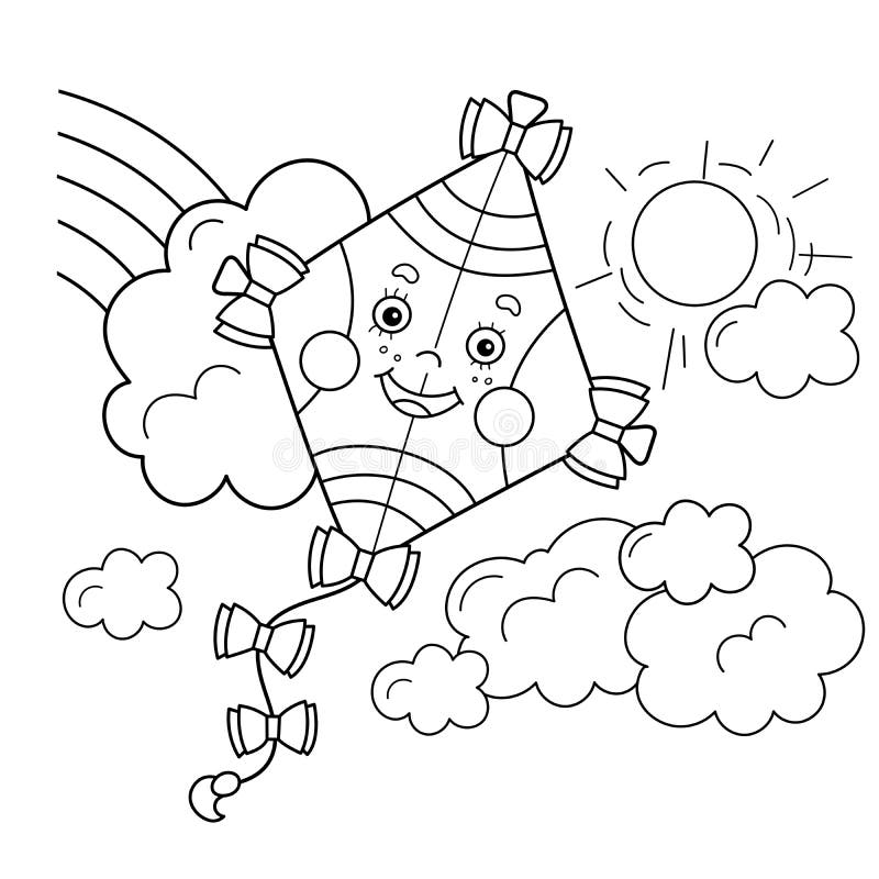Coloring page outline of cartoon cheerful fly kite high in the sky summer bright toy stock vector