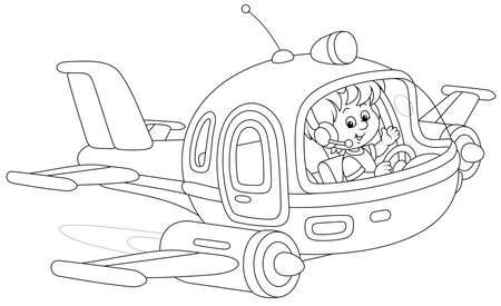 Happy little boy piloting a toy high