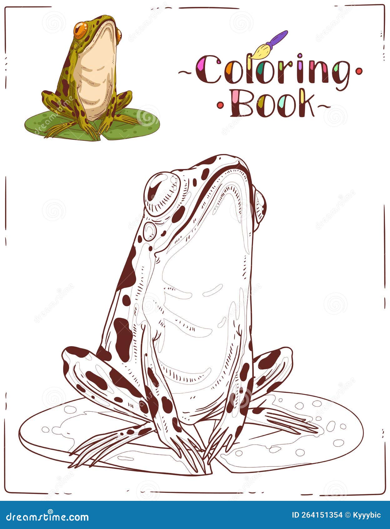 A frog coloring sheet outline picture of a toad on a round lily pad stock vector