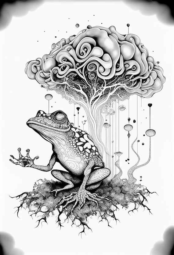Psychedelic frog adult coloring sheet machine learning ai generated image of a toad under a mushroom cloud instant coloring page download