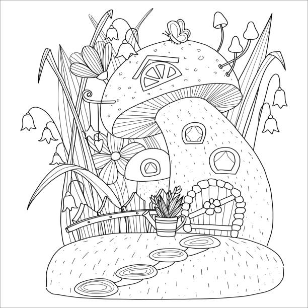 Mushroom house with grass flowers fence and watering can stock illustration