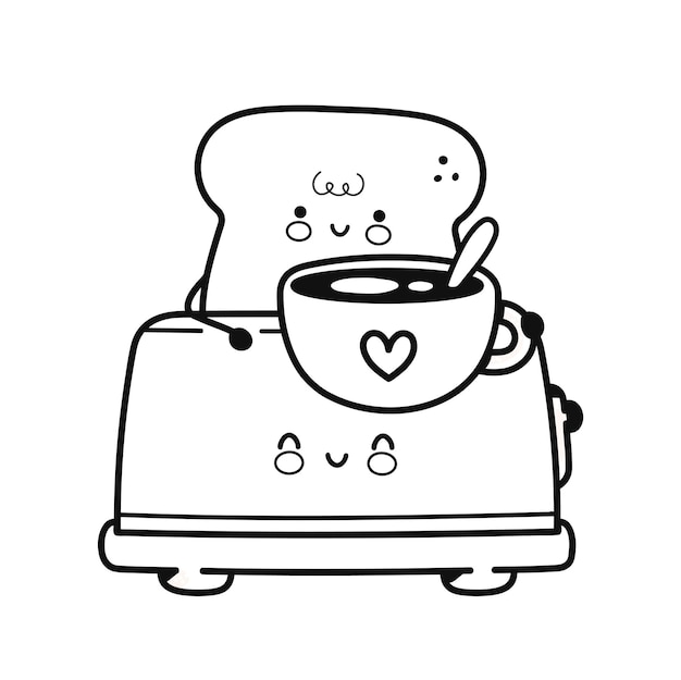 Premium vector cute happy toast in toaster with coffee mug page for coloring book vector flat line cartoon kawaii character icon hand drawn style illustration isolated on white background toast for