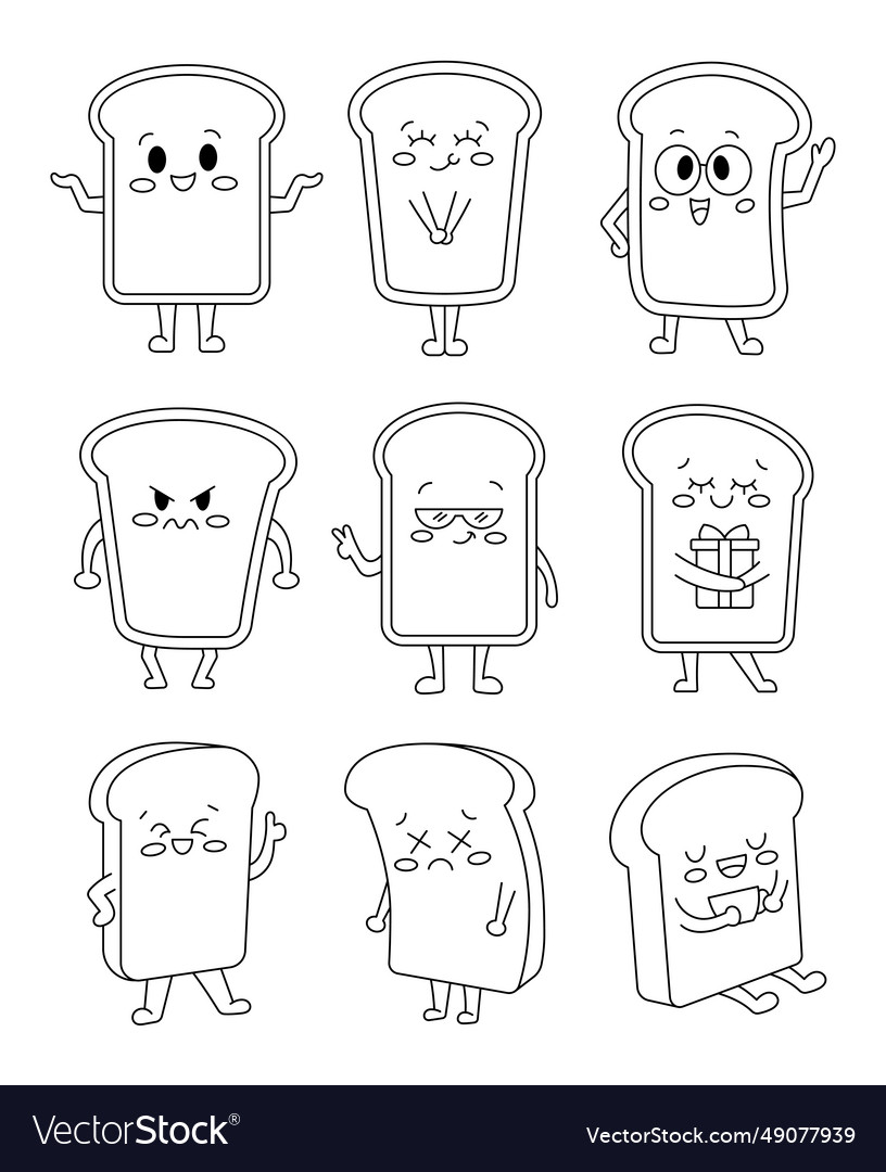 Funny happy toast characters coloring page cute vector image