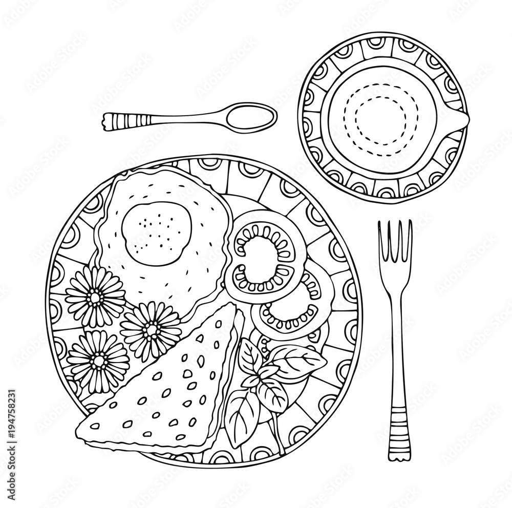 Hand drawn breakfast egg toast tomato basil and coffee sketch for anti