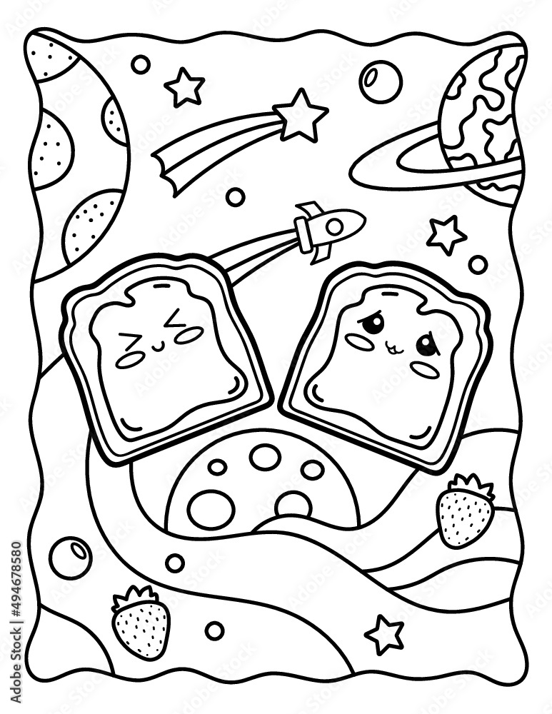 Vektorbilden coloring page kawaii toast with jam in space planets coloring book black and white illustration