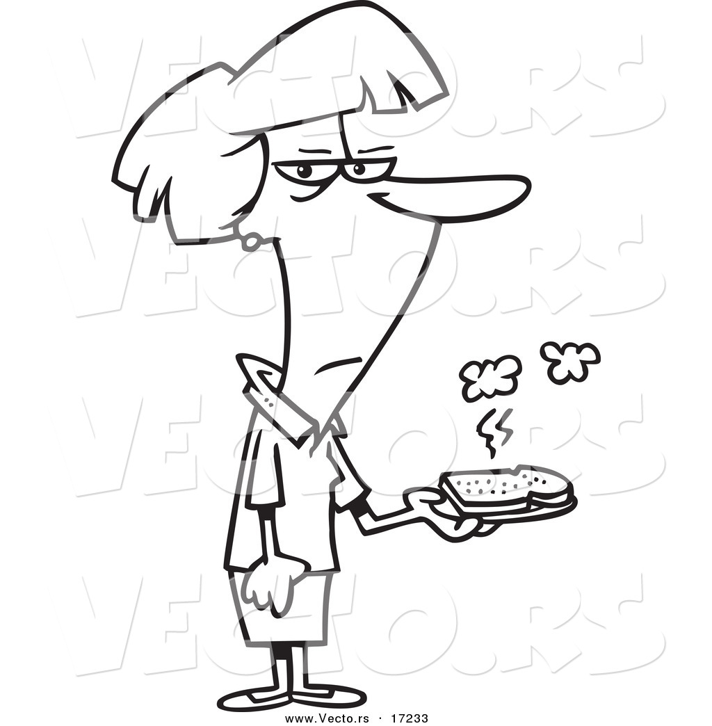 R of a cartoon woman holding a burnt piece of toast