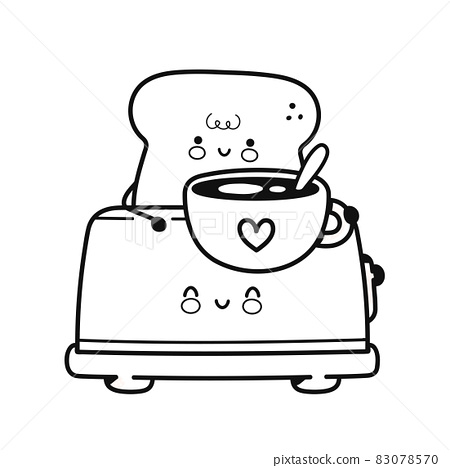 Cute happy toast in toaster with coffee mug