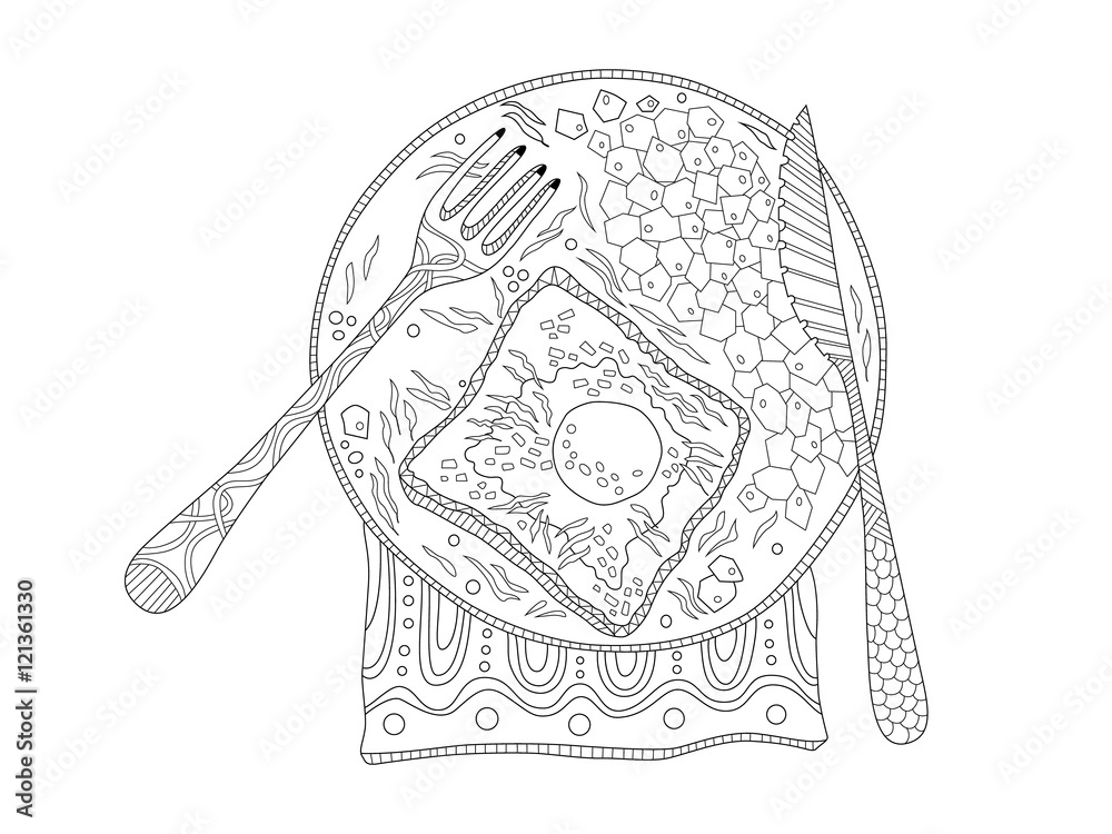 Egg toast adult coloring page in zentangle style vector