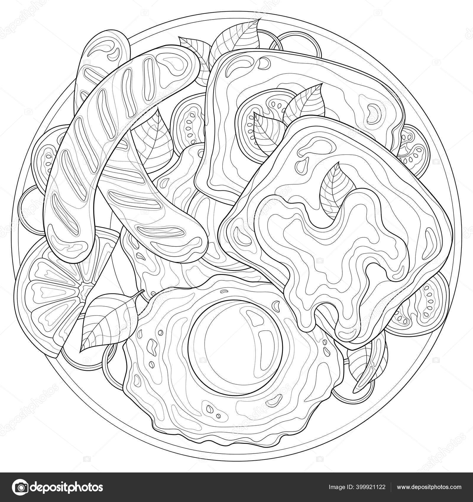 Breakfast food scrambled eggs toast sausages antistress coloring book kids stock vector by vlasenkoekaterinkagmail