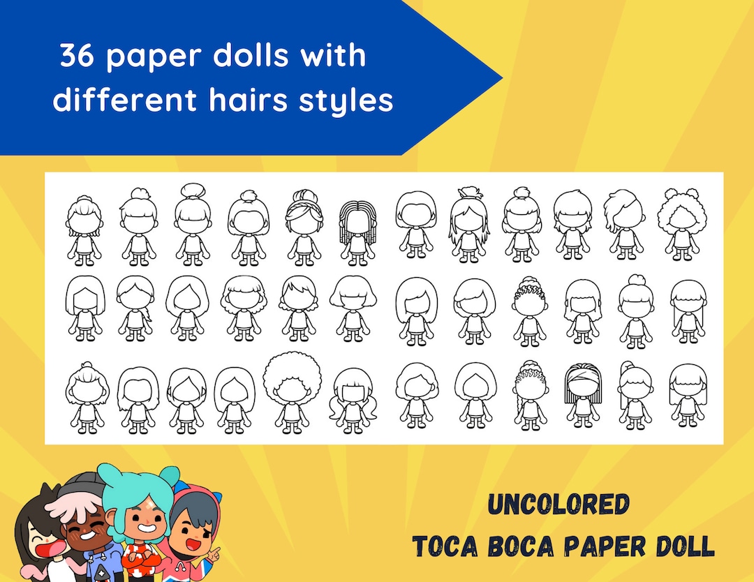 Color toca boca paper doll with different hairstyles coloring page toca boca papercraft quiet book pages printable paper doll
