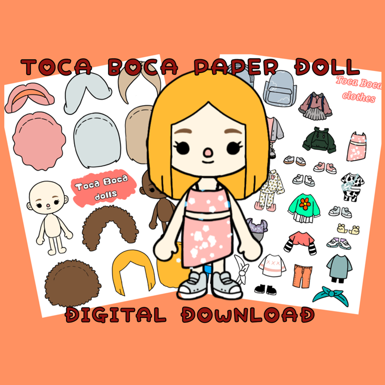 Printable toca boca paper doll and clothes dress up doll activity for kids quiet book pages