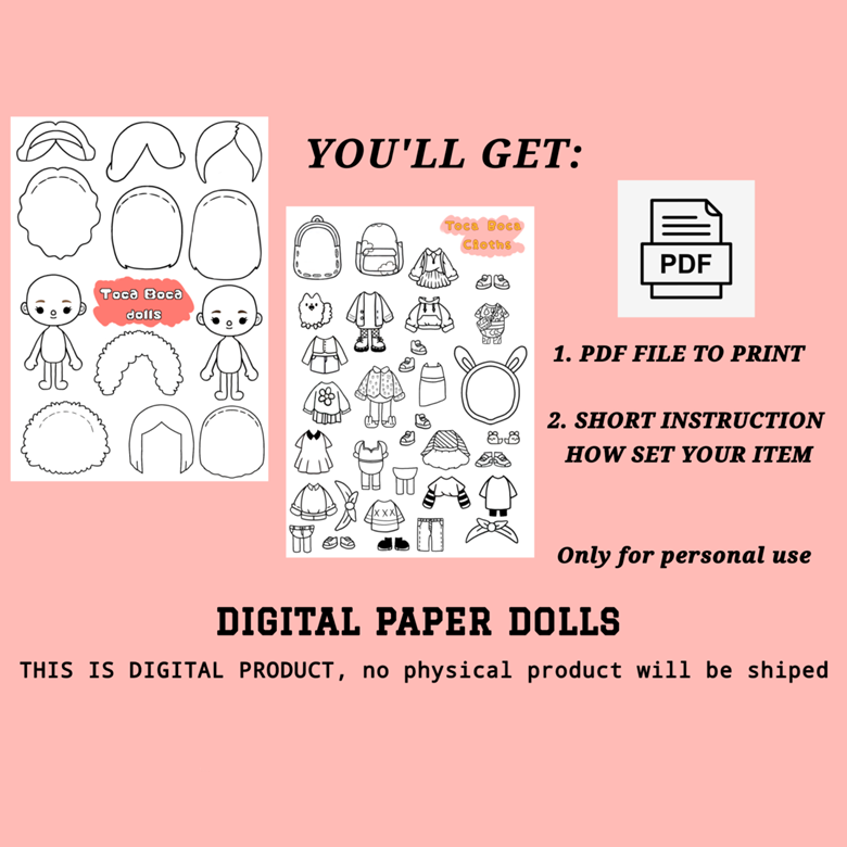Color toca boca paper doll and clothes toca boca papercraft quiet book pages printable paper doll