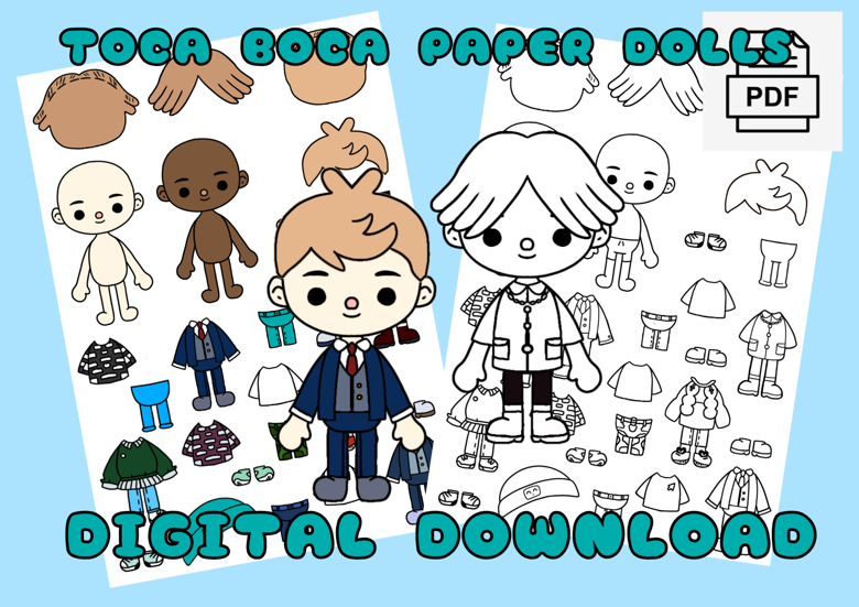 Printable toca boca boy paper doll dress up toca boca papercraft quiet book pages instant digital download