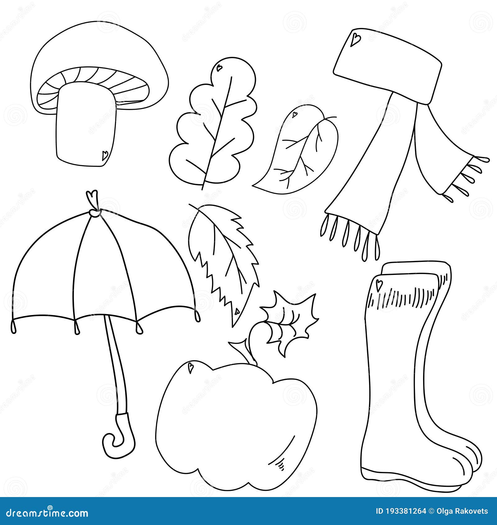 Autumn walk attributes mushroom leaves umbrella rubber boots scarf and pumpkin coloring page for children on the fall theme stock vector