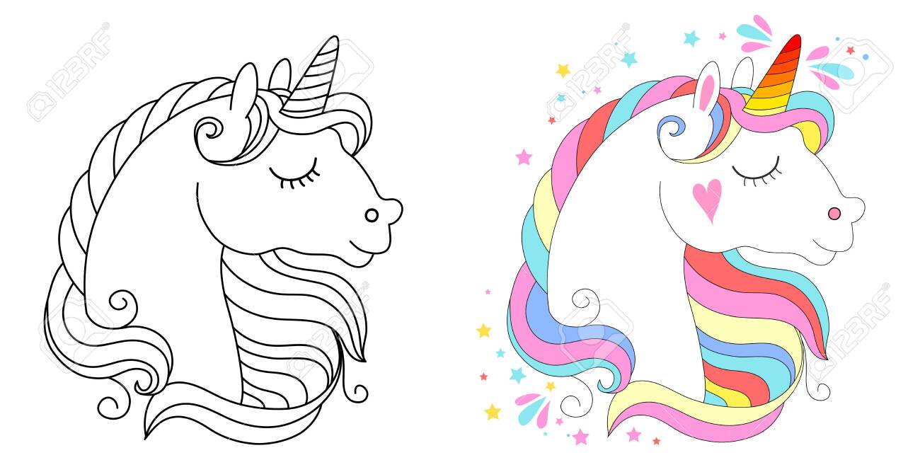 Cute unicorn face vector illustration for coloring book white unicorn with rainbow hair set of colored an outline versions royalty free svg cliparts vectors and stock illustration image