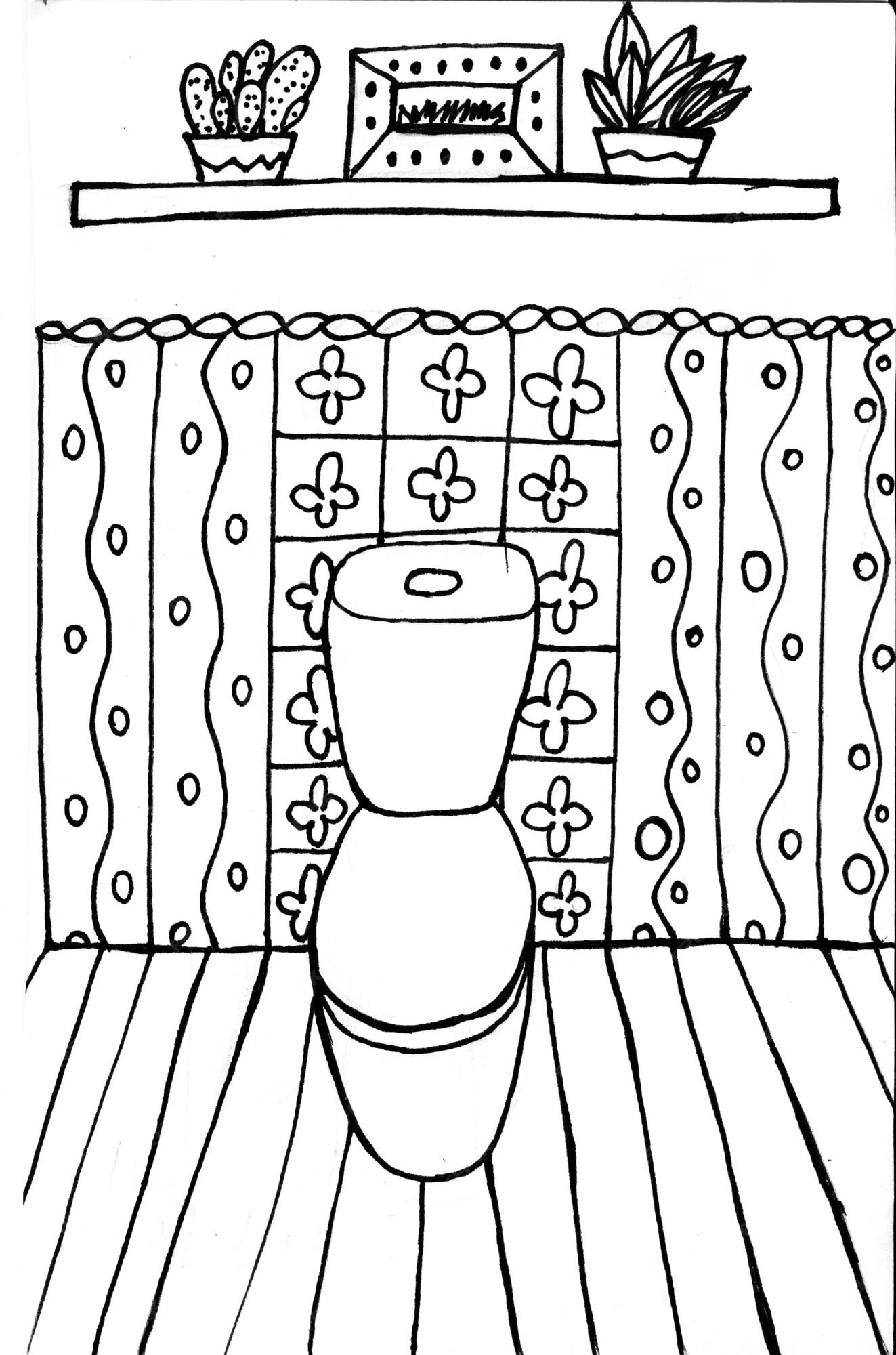 Premium vector cozy toilet colouring page bathroom interior design with toilet decorating tile shelf with plants and picture coloring book for children and adults