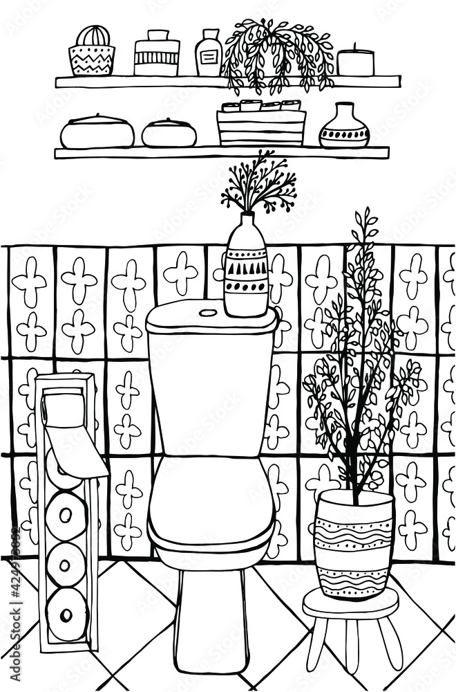 Toilet colouring page cute hand drawn toilet colouring page for children and adults vector coloring book toilet bathroom lavatory cozy home decor house plants shelves with bottles vases vector
