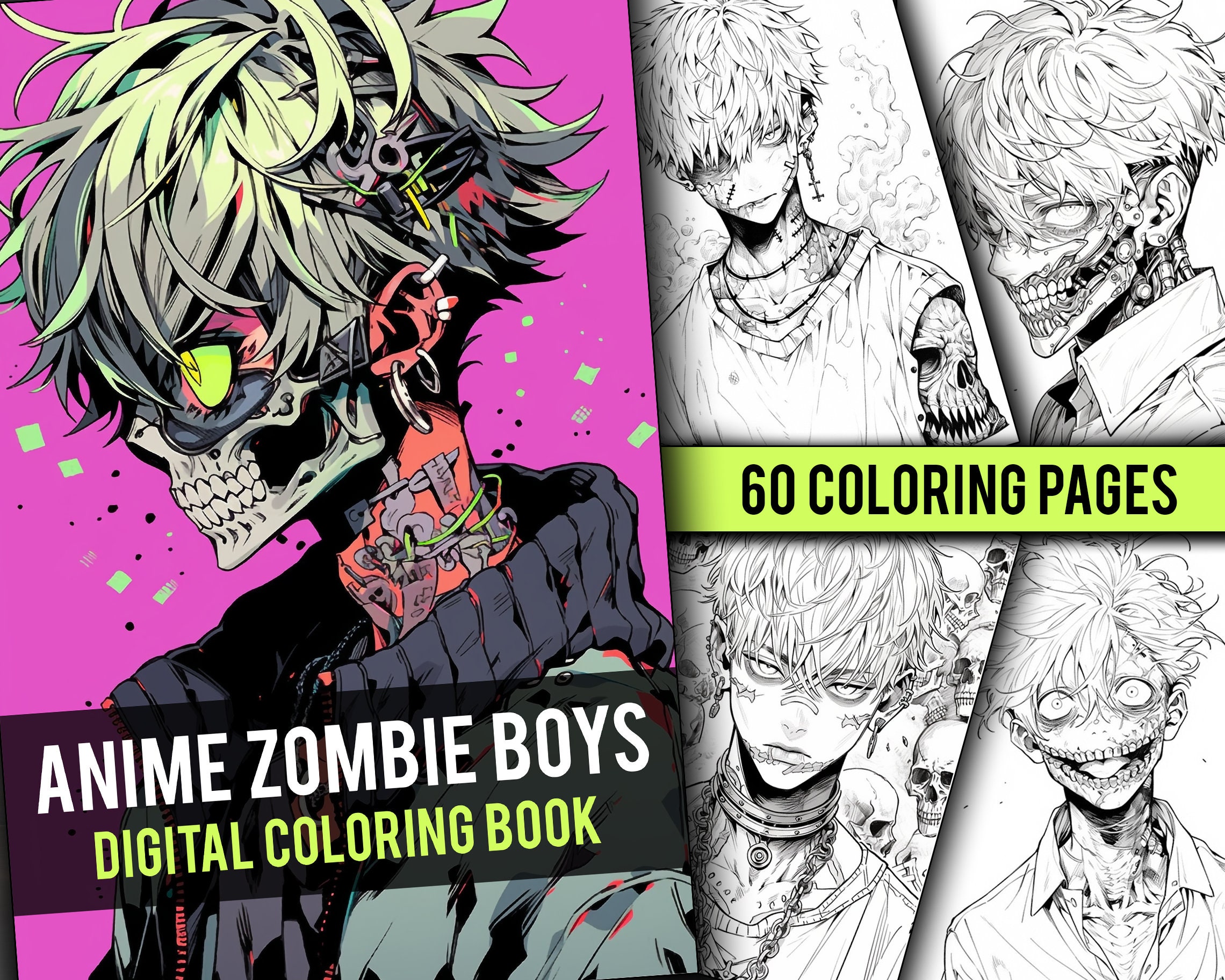 Anime zombie boys page manga fantasy greyscale coloring book coloring pages for children adults instant download printable pdf