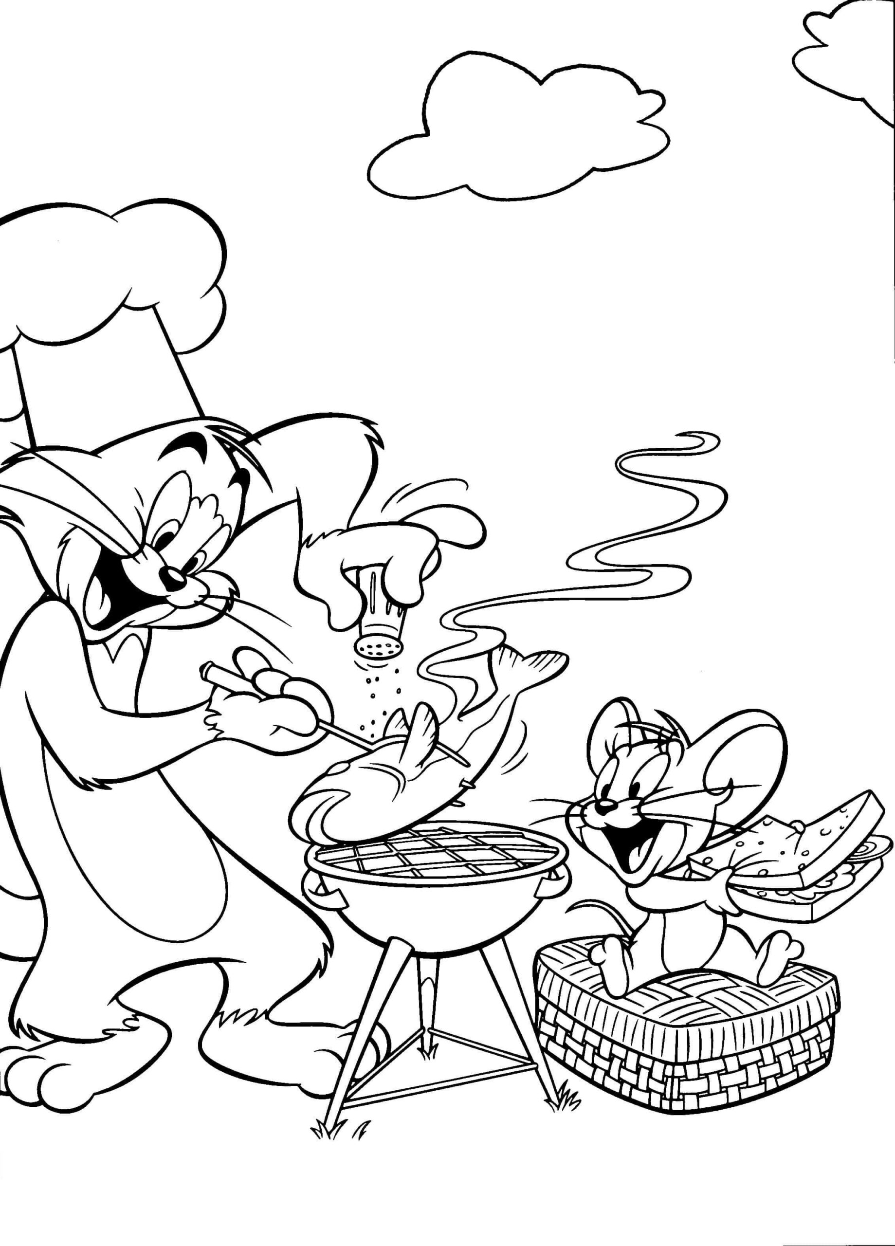 Tom and jerry grilled fish coloring page