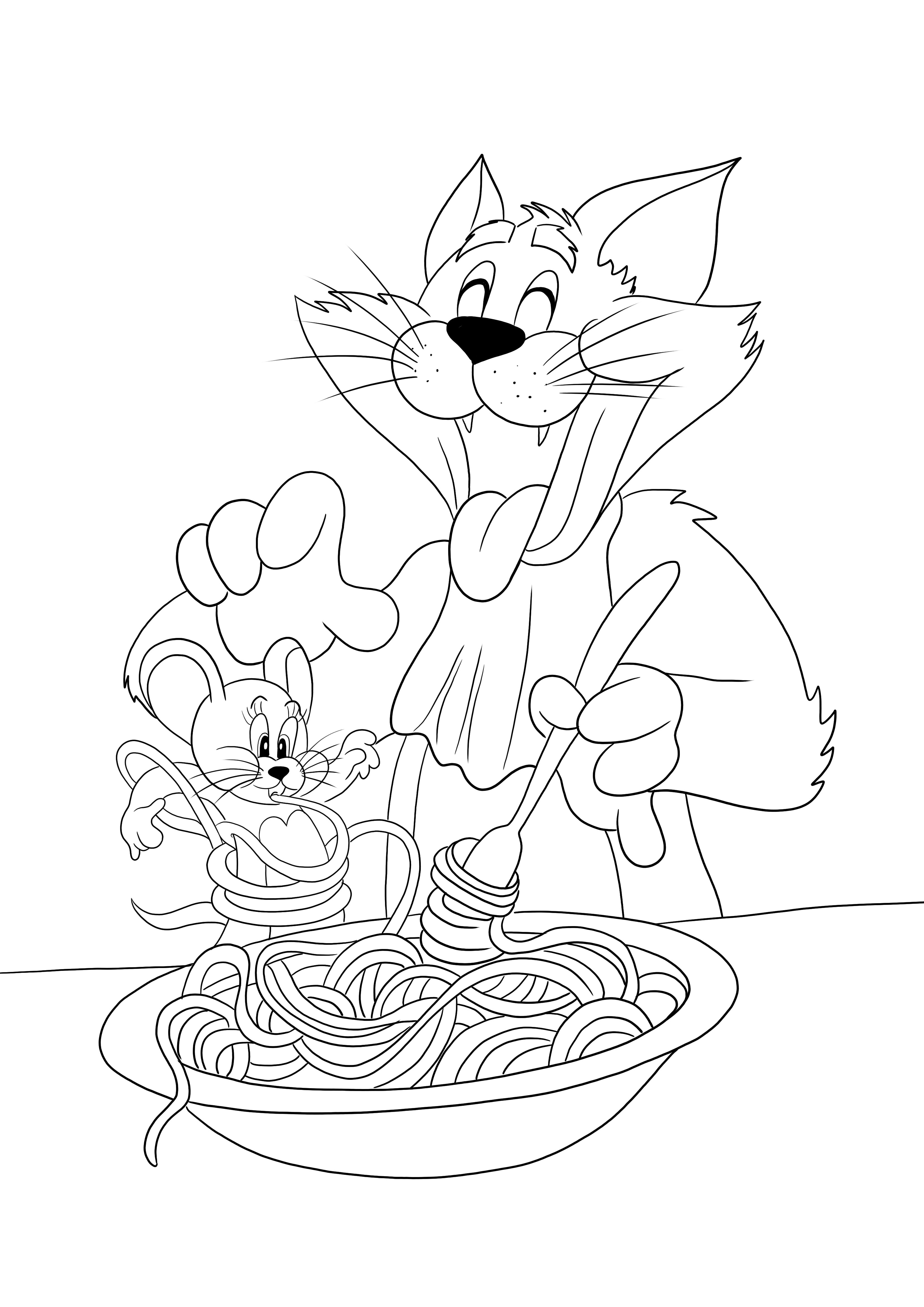 Tom is eating noodles and jerry