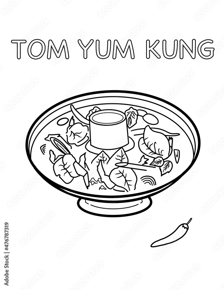 Tom yum kung thai famous dish printable coloring pages for kids and adults thai culture cuisine illustration
