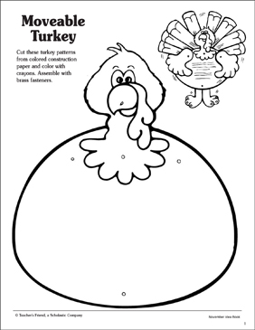 Moveable turkey pattern printable arts and crafts skills sheets