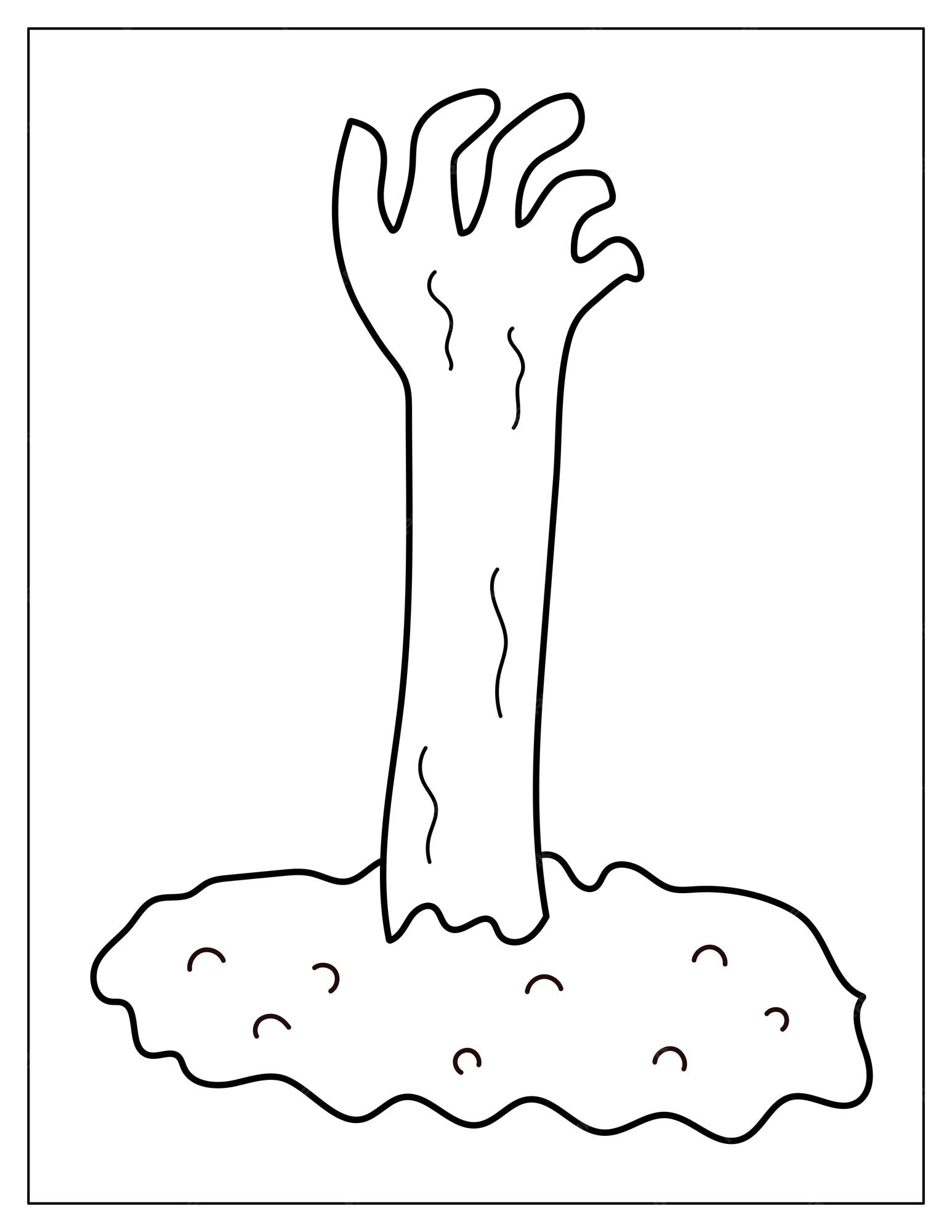 Premium vector halloween coloring page with a zombie hand ing out of the tomb creepy print for coloring book