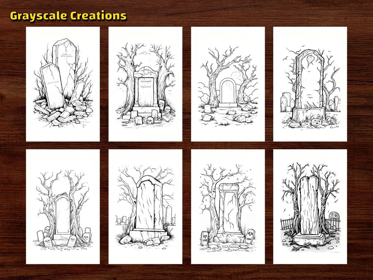 Tombstone coloring page book halloween graveyard cemetery printable pdf sheets instant download grayscale coloring adults kids