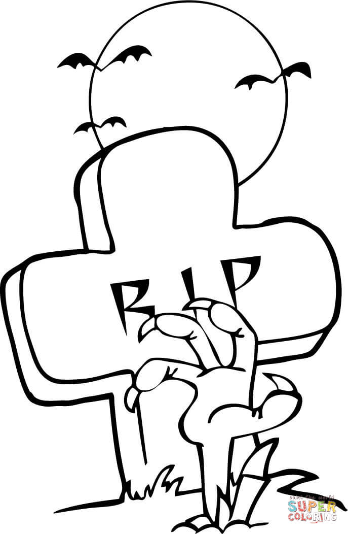 Zombie hand ing out under a tombstone in halloween coloring page free printable coloring pages