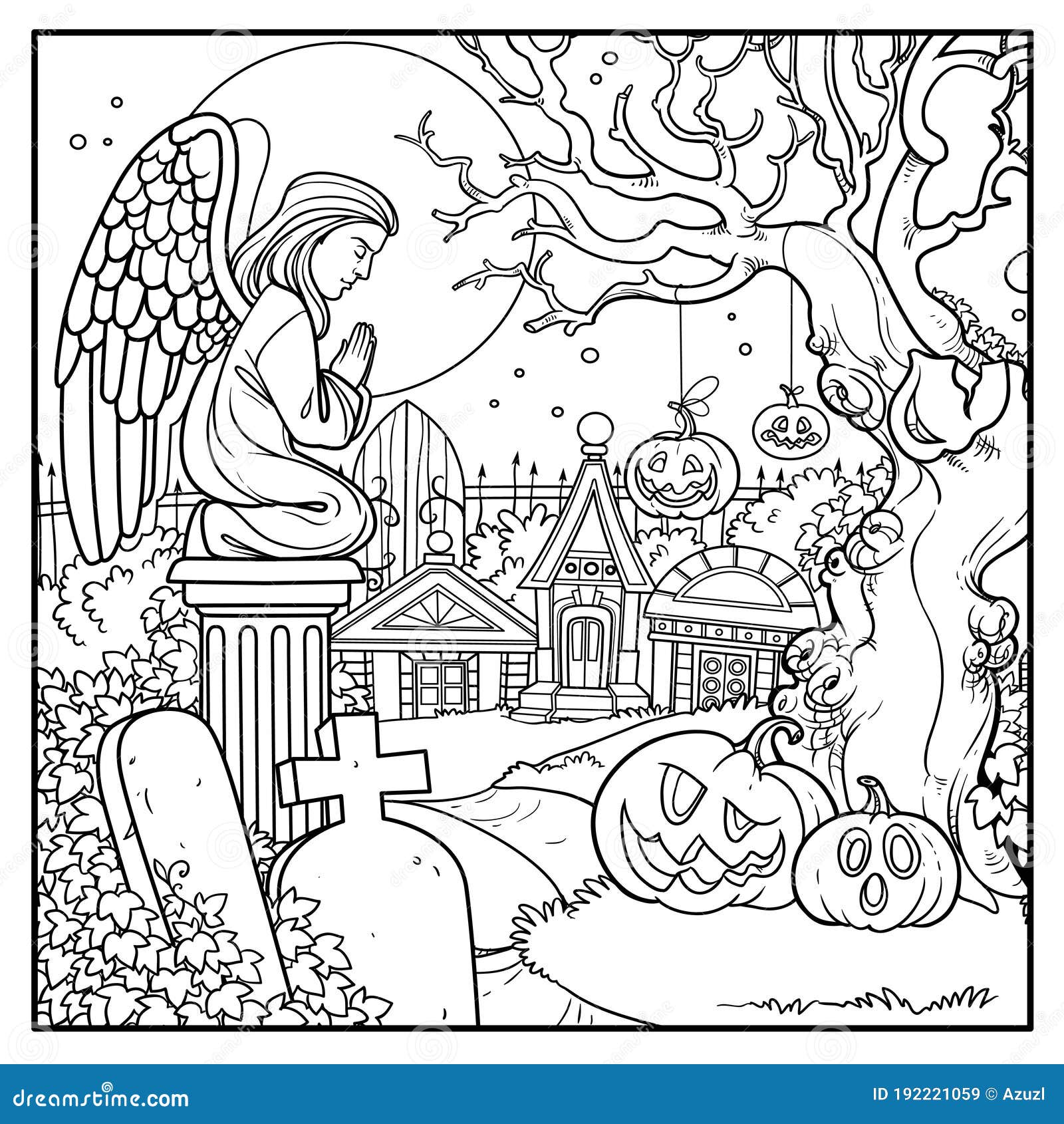 Halloween background cemetery and crypts with pumpkins on old tree outlined for coloring page stock illustration