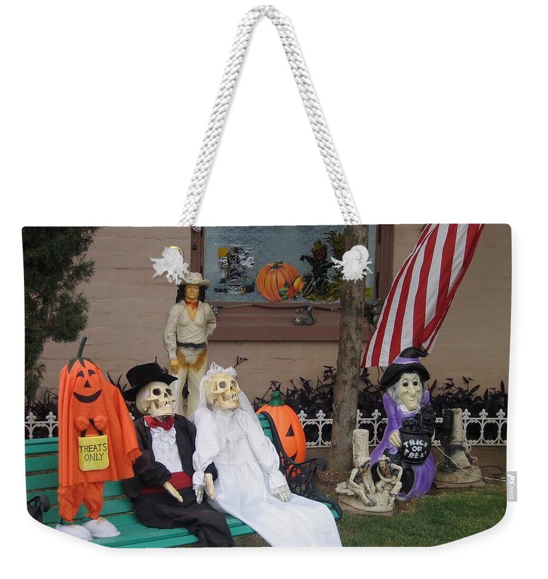 Front yard halloween display tombstone arizona weekender tote bag by david lee guss
