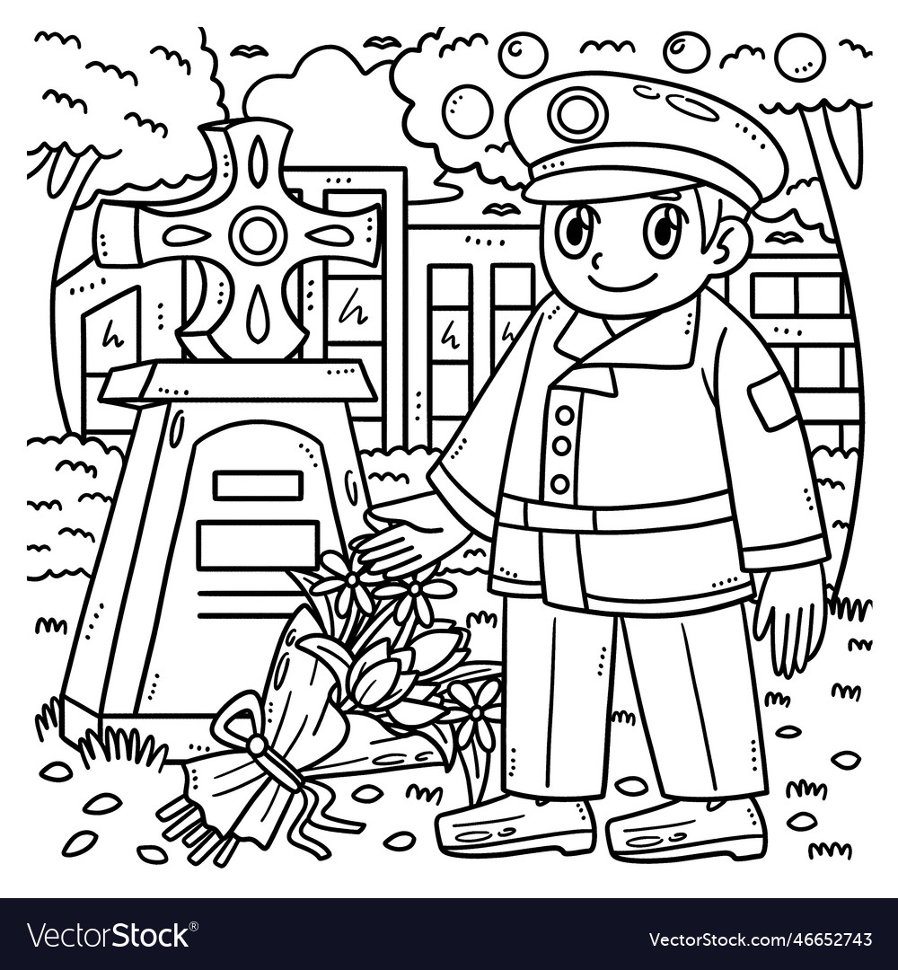 Memorial day soldier and tombstone coloring page vector image