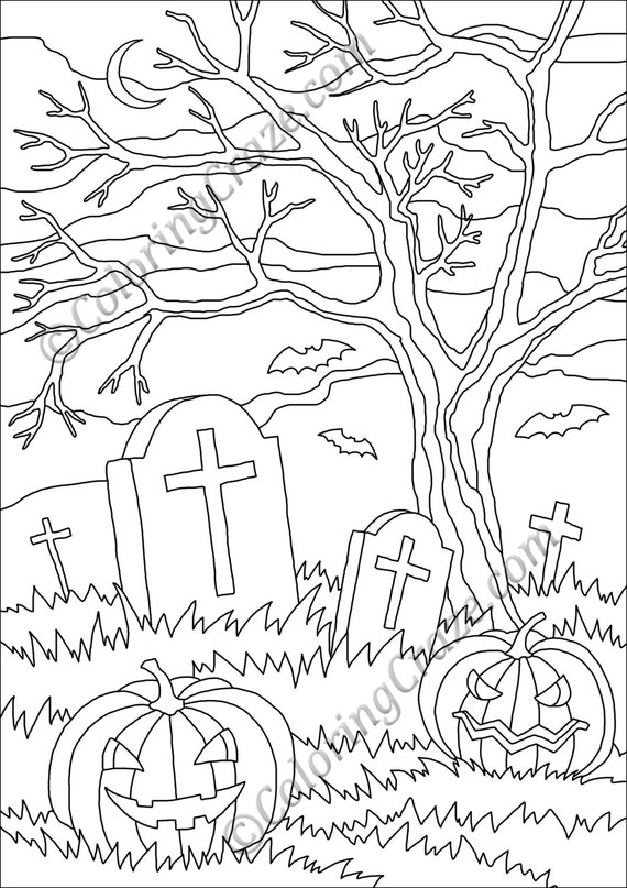 Halloween coloring page digital printable pdf illustration day of the dead art adult coloring book pumpkin gravestone tombstone