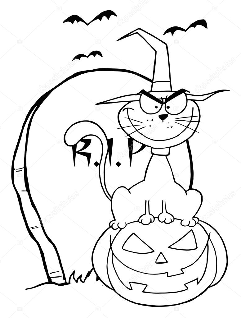 Coloring page outline cat wearing witch hat sitting pumpkin tombstone stock illustration by hittoon