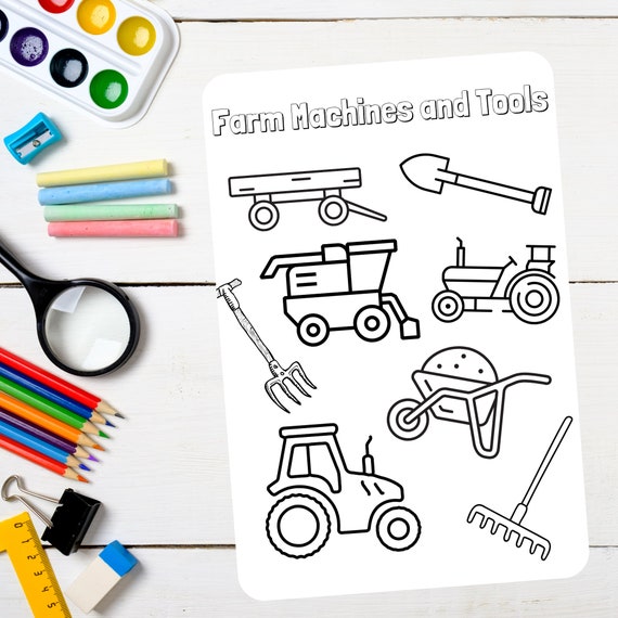 Farm machines tools coloring sheet farm machines pdf printable coloring page childrens coloring sheet farm theme coloring page