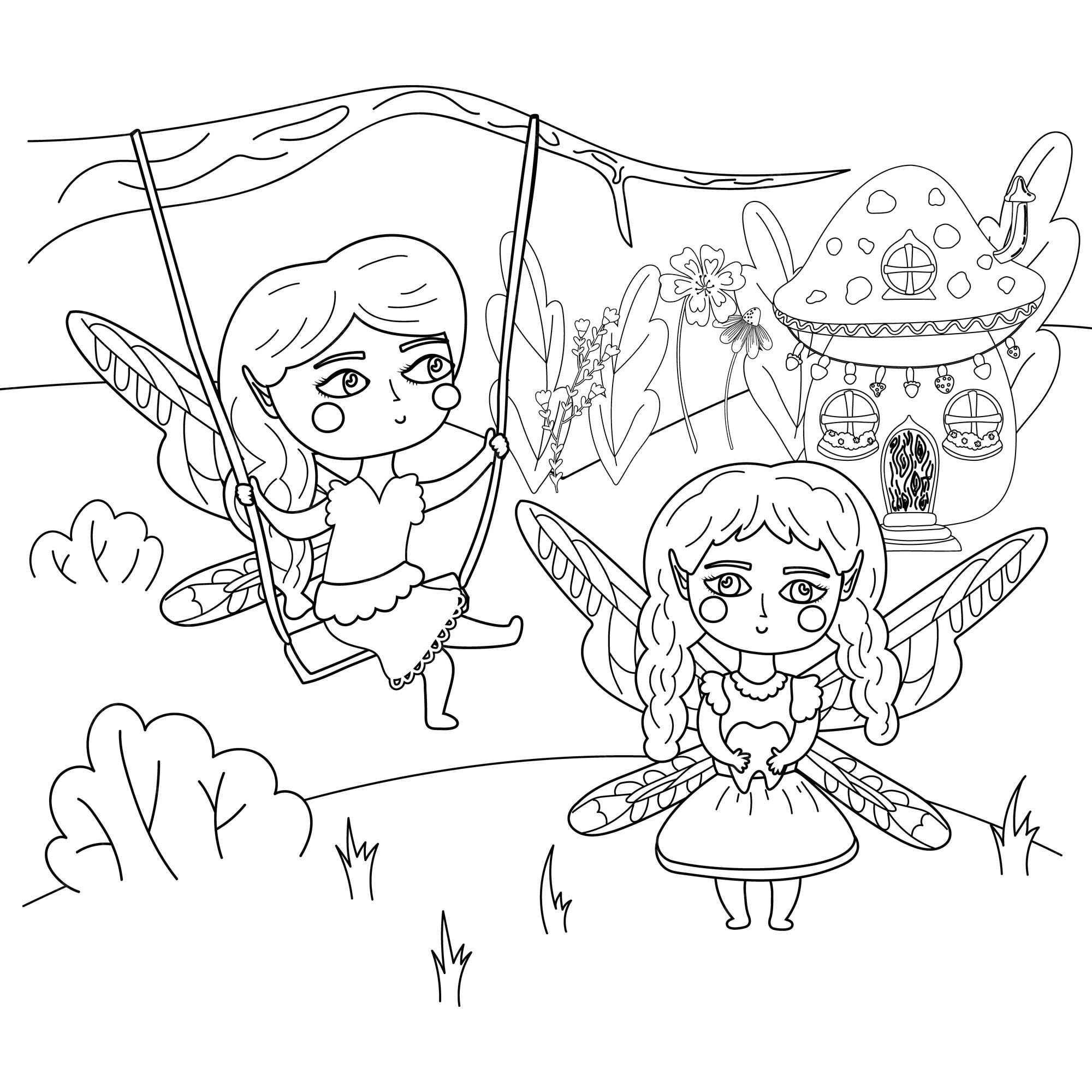 Premium vector coloring page for adults antistress and for children of a cute fairy on a swing and a tooth fairy
