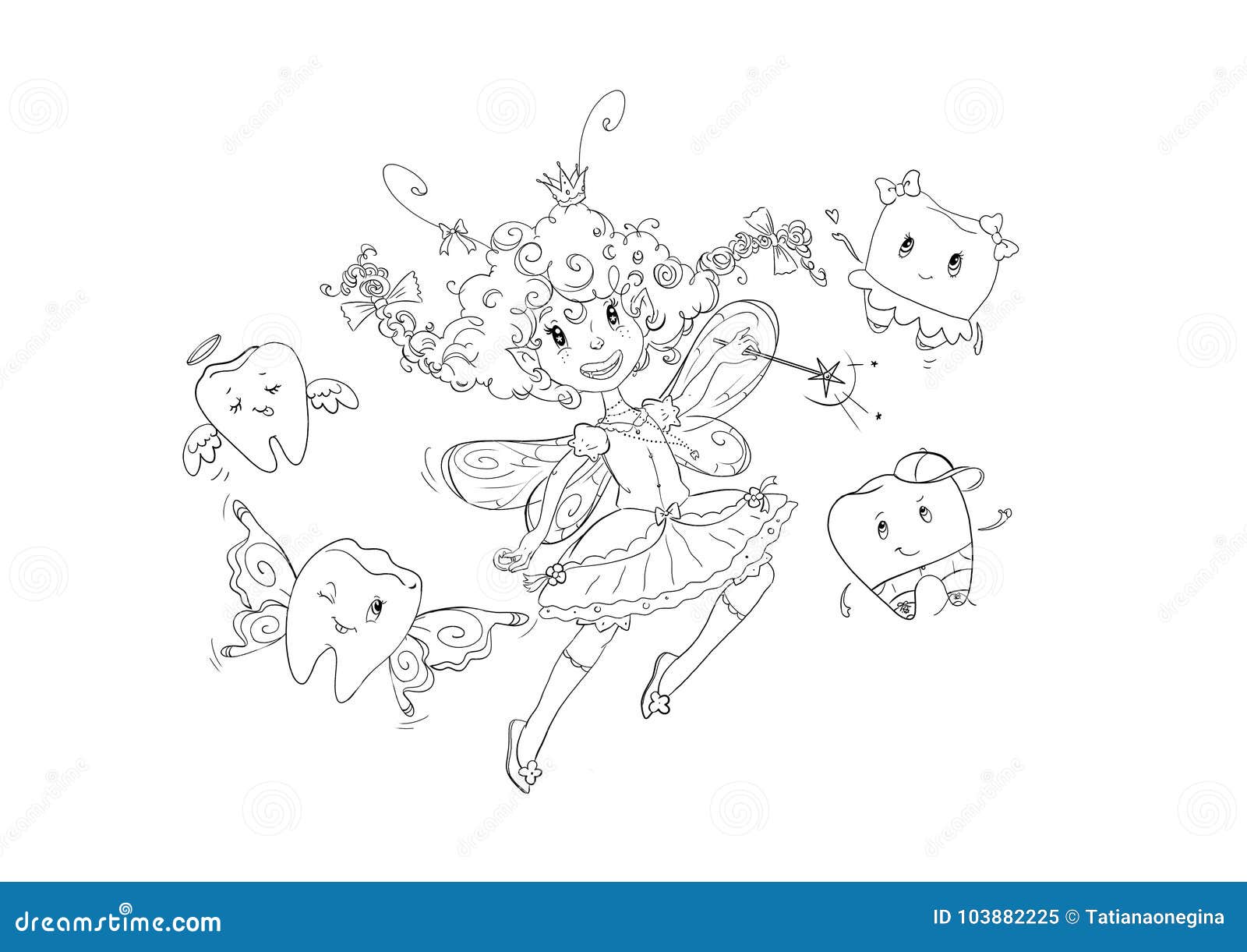 Funny tooth fairy coloring page stock illustration