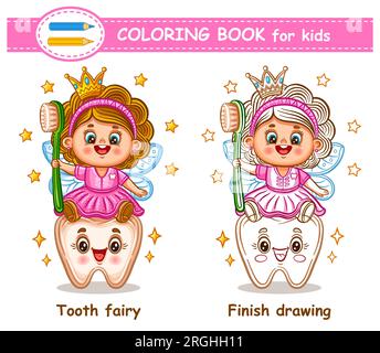 Cute magic tooth fairy princess girl butterfly with cleaning mouth hygiene toothbrush children coloring book page finish color line drawing vector stock vector image art