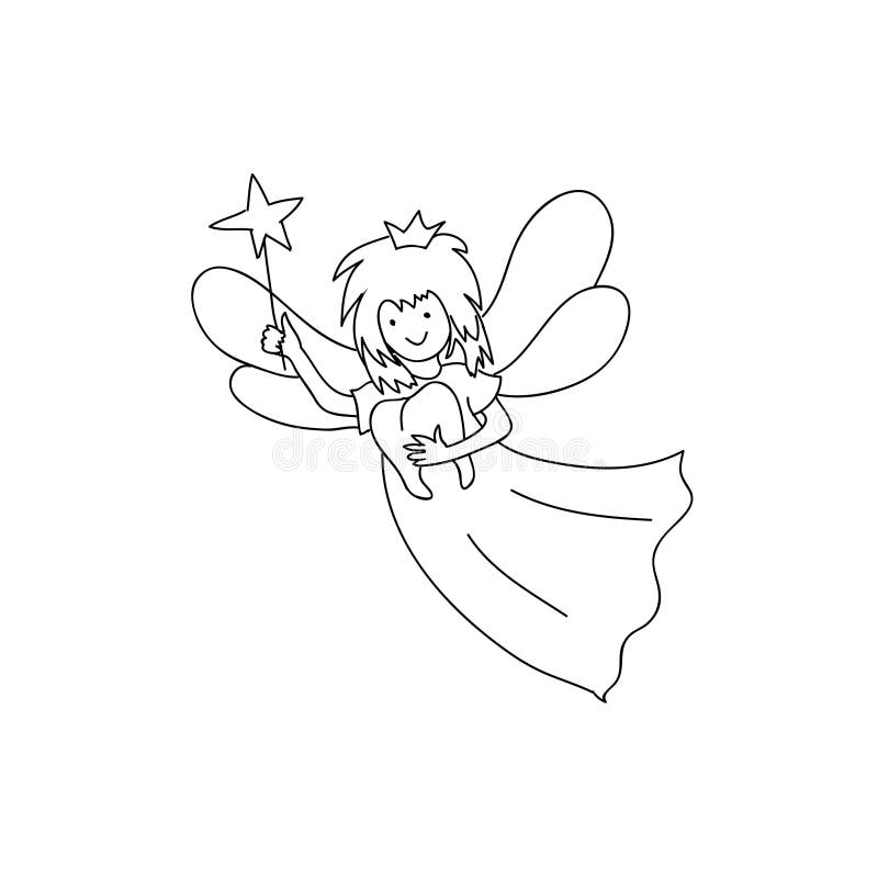 Tooth fairy holding teeth children coloring page line art isolated on white stock illustration
