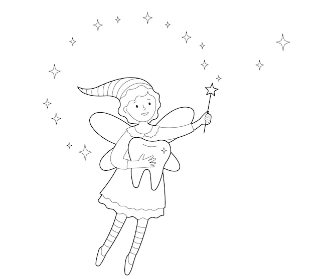 Premium vector cute tooth fairy with magic wand and big tooth contour linear illustration coloring pages for kids