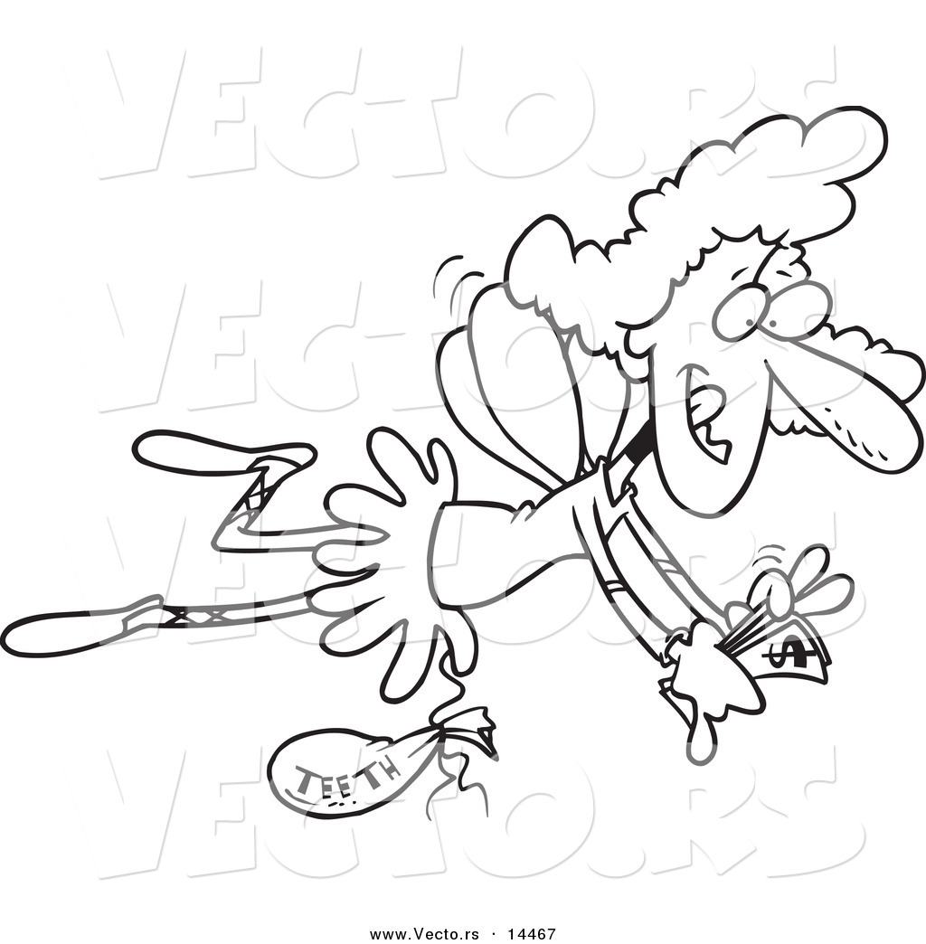 R of a cartoon tooth fairy flying with a bag of teeth and counting her cash