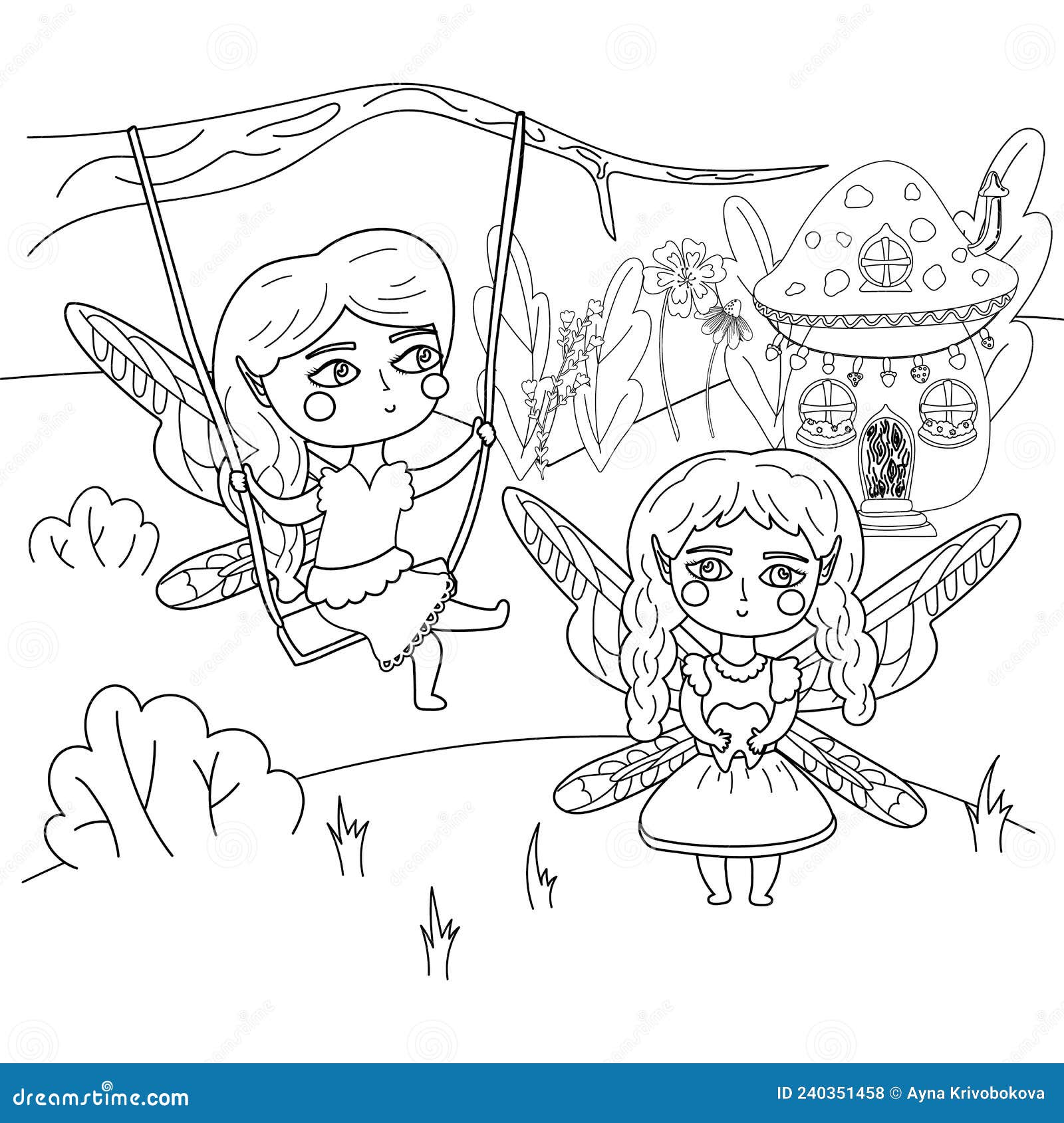 Illustration coloring page of a cute fairy on a swing and a tooth fairy coloring page for adults antistress and for children stock vector