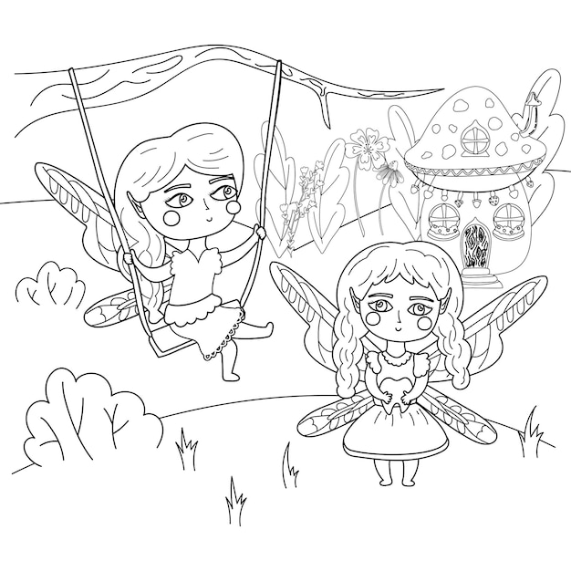 Premium vector coloring page for adults antistress and for children of a cute fairy on a swing and a tooth fairy